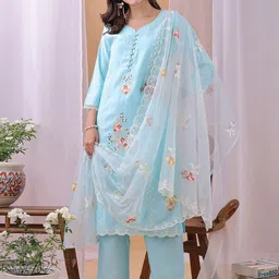 Label Khoj Women Floral Embroidered Regular Thread Work Kurta with Trousers & With Dupatta-1