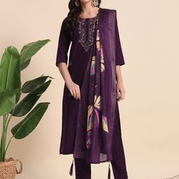 NE STYLE Ethnic Motifs Embroidered Sequinned Pure Silk Kurta with Trousers & Dupatta-image-72