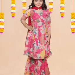 NKV Girls Floral Printed Angrakha Thread Work Kurta with Sharara & With Dupatta-image-43