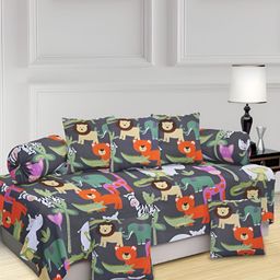 Myntra Elegant HomesGry & Orange 8 Pieces Cartoon Characters Printed Diwan Set-15