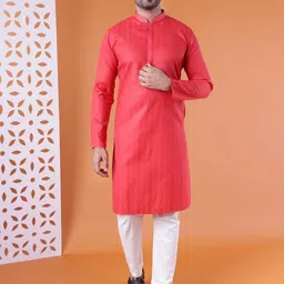 AURIK Men Ethnic Motifs Solid Cotton Kurta with Pyjamas-image-61