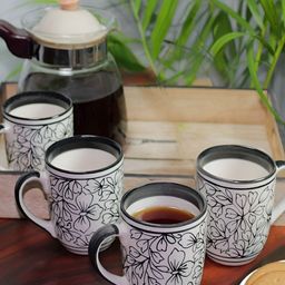 Unravel India White & Black Handcrafted and Hand Painted Solid Ceramic Matte Mugs Set of Cups and Mugs-38