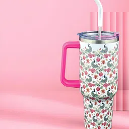 macmerise Fuchsia & White Single Stainless Steel Printed Double Wall Vacuum Water Bottle-87