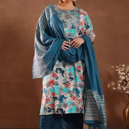 EXTRA LOVE BY LIBAS Plus Size Floral Printed Thread Work Kurta With Trousers & Dupatta-picture-14