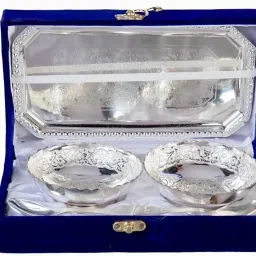 German Silver Plated 2 Bowl Set (Hand Work) With Embossed Tray Bowl, Spoon, Tray Serving Set-image-82