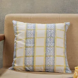 Fabindia Cabana White & Blue Ethnic Motifs Printed Cotton Square Cushion Cover-image-65