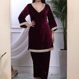 MIRAVAN Women Embroidered Regular Sequinned Velvet Kurti with Palazzos-image-41