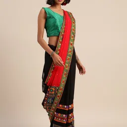 DIVASTRI Embellished Kutchi Embroidery Pure Georgette Half and Half Saree-picture-15