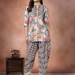 Moda Rapido Floral Printed Mandarin Collar Neck Tunic With Dhoti Pant Co-Ords-picture-5