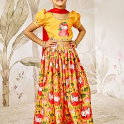 VASTRAMAY Girls Cow & Lotus Printed Ready to Wear Lehenga & Blouse With Dupatta-26