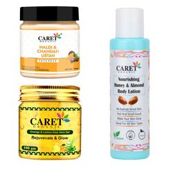 CARET ORGANIC Ubtan Face Pack & Honey Almond Body Lotion & Orange Lemon Aloevera Gel Combo-6