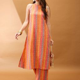 Globus Women Striped Regular Thread Work Pure Cotton Kurta with Trousers-13
