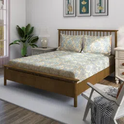 SWAYAM Beige & Blue Ethnic Motifs 210 TC Queen Bedsheet with 2 Pillow Covers-11