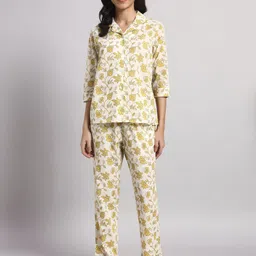 HERE&NOW Floral Printed Lapel Collar Pure Cotton Nightdress-image-97