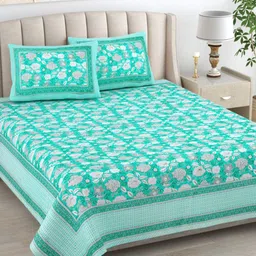 The Craft Monk Green & White Floral 240 TC Pure Cotton King Bedsheet & 2 Pillow Covers-image-61