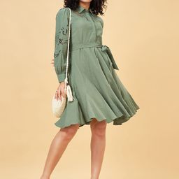 Honey by Pantaloons Shirt Collar Cuffed Sleeve Cotton Fit & Flare Dress-image-61