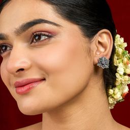 TEEJH Silver-Plated Floral Shaped Oxidised Studs Earrings-57