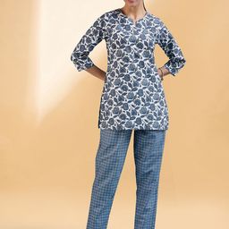 all about you White & Blue Floral Printed Notch Neck Tunic With Trousers-image-79