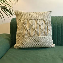 LUSHLYF Off White Geometric Macrame Textured Cotton Square Cushion Cover-image-26
