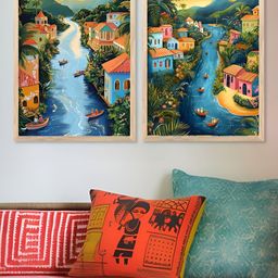Kotart Brown & Blue 2 Pieces Villages Printed Wooden Wall Art-picture-34