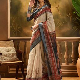 MANVAA Ethnic Motifs Printed Linen Cotton Zari Saree-picture-31