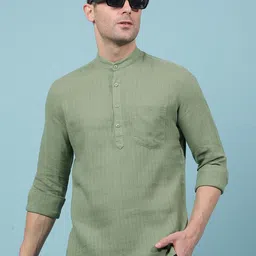 Crimsoune Club Striped Band Collar Roll-Up Sleeves Linen Straight Kurta-picture-34