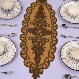 YWULY Brown & Peach Coloured Embroidered Beaded Dining TableRunner-15