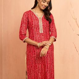 VASTRAMAY Women Bandhani Printed V-Neck Kurta-image-4