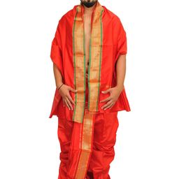 Exotic India Art Silk Ready to Wear Dhoti and Veshti Set with Woven Golden Border-image-94