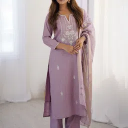 Wedani Floral Embroidered Thread Work Notch Neck Straight Kurta With Pyjamas & Dupatta-picture-41