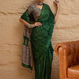 Sangria Women Green Ethnic Motifs Pure Crepe Designer Block Print Saree-picture-6