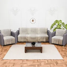 Kuber Industries Cream-Coloured 10 Pieces Self Design Cotton 5 Seater Sofa Covers-25
