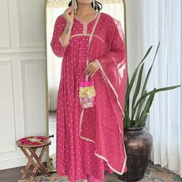 Navlik Geometric Printed Empire V-Neck Sequinned A-Line Kurta With Trousers & Dupatta-14
