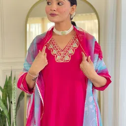 KALINI Women Embroidered Regular Sequinned Kurta with Trousers & With Dupatta image 5