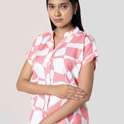 NOT SO PINK Geometric Mandarin Collar Batwing Sleeve Shirt Style Top-image-25