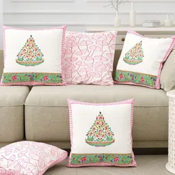 Myntra Elegant Homes Pink & White Set of 5 Ethnic Motifs Square Cushion Covers-14