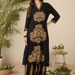 Indo Era Floral Printed Thread Work V-Neck Straight Kurta with Palazzos-picture-52