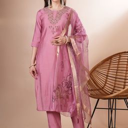 FASHOR Floral Yoke Design Thread Work Straight Kurta With Trousers & Dupatta-picture-18