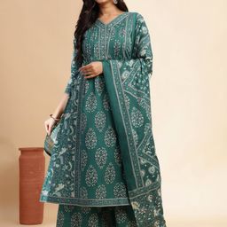 Vbuyz Women Floral Printed Pleated Sequinned Pure Cotton Kurta with Sharara & Dupatta-image-94