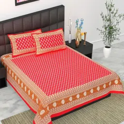UNIBLISS Red & Brown Floral Jaipuri Printed Cotton 144TC Queen Bedsheet Set-2.15mx2.35m-29