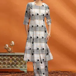 COTTON CULTURE Women Off White & Black Jaipuri Cotton Printed A Line Kurta and Pant Set-picture-7