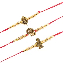 NVR Set Of 3 Gold-Toned Designer Ganesh Ji Thread Rakhi with Roli Chawal Chandan & Mishri image 3