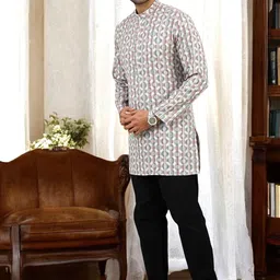 TATTVA Men Geometric Printed Thread Work Kurta image 4