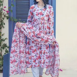 GO BOUJEE Floral Printed V-Neck A-Line Kurta With Trousers & Dupatta-image-11