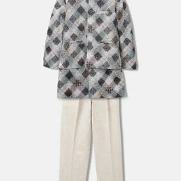 Blue Giraffe Boys Checked Mandarin Collar Full Sleeves 3-Piece Bandhgala Set-16