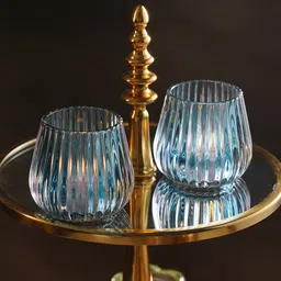 Pure Home and Living Teal Blue 2 Pieces Ribbed Glass Tealight Holders-14