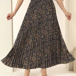 ZWERLON Floral-Printed Full-Length A-Line Pleated Skirt-picture-43