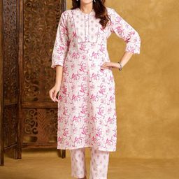 FLAMBOYANT Women Floral Printed Regular Thread Work Pure Cotton Kurti with Trousers & With Dupatta-image-81
