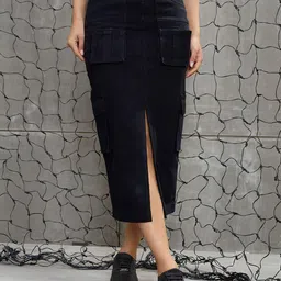 SASSAFRAS Box Pocket Pleated Front Slit Pencil Midi Skirt-81
