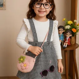 STINITY White & Black Girls Pure cotton Ribbed Top with Houndstooth Print Skirt Set-30